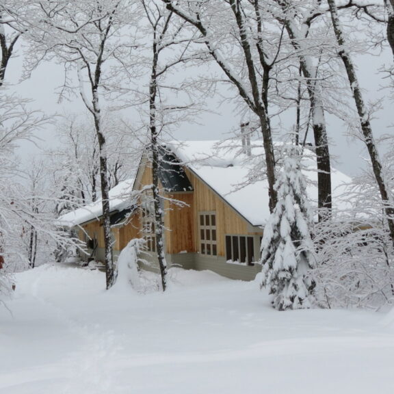 Image of the Stratton Brook Hut with wood sides after a snowfall with snow in the trees.