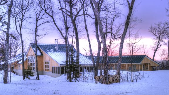 Stratton Brook in winter hut with pink sky