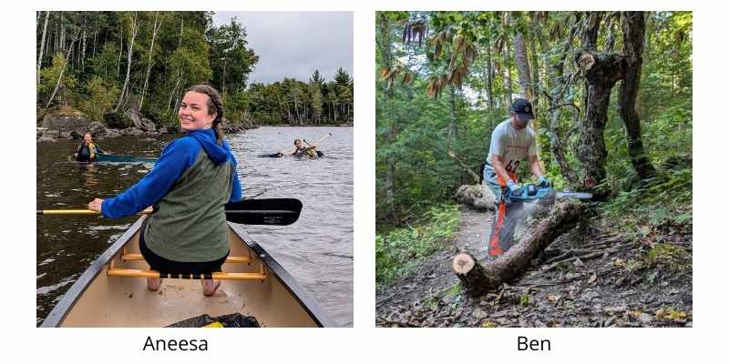 collage of the two new board members, Aneesa is in a canoe on a river and Ben is chainsawing a blowdown on a trail