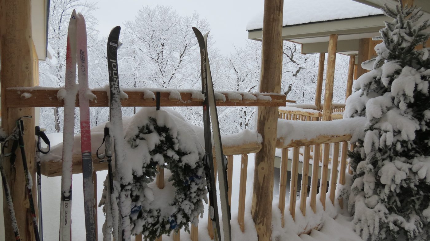 Skis on breezeway at Stratton Brook Hut