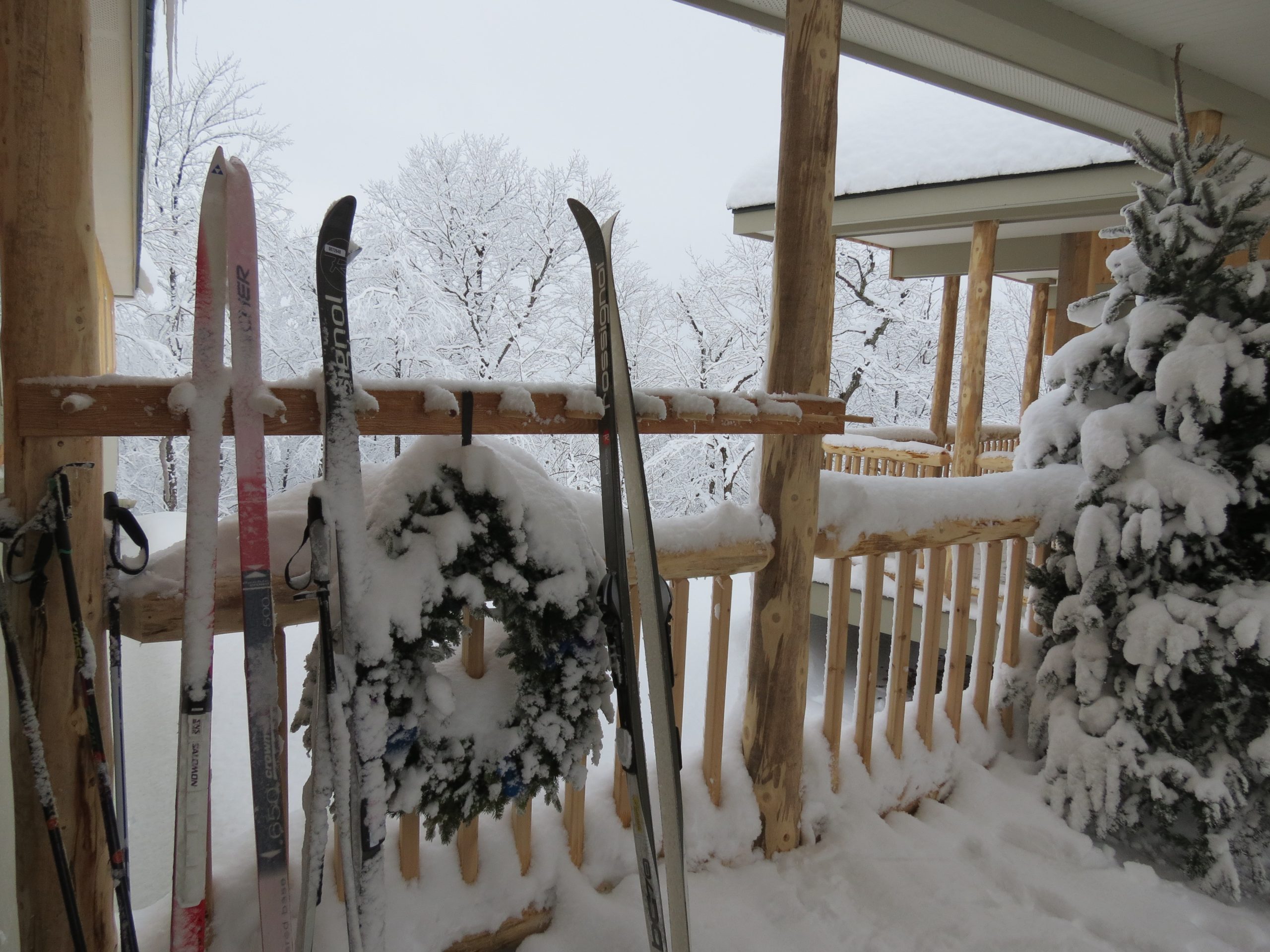 Skis on breezeway at Stratton Brook Hut