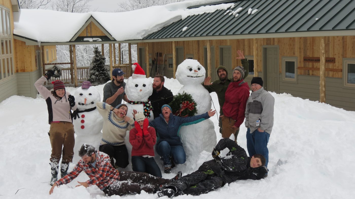 Snowmen at Stratton Brook Hut