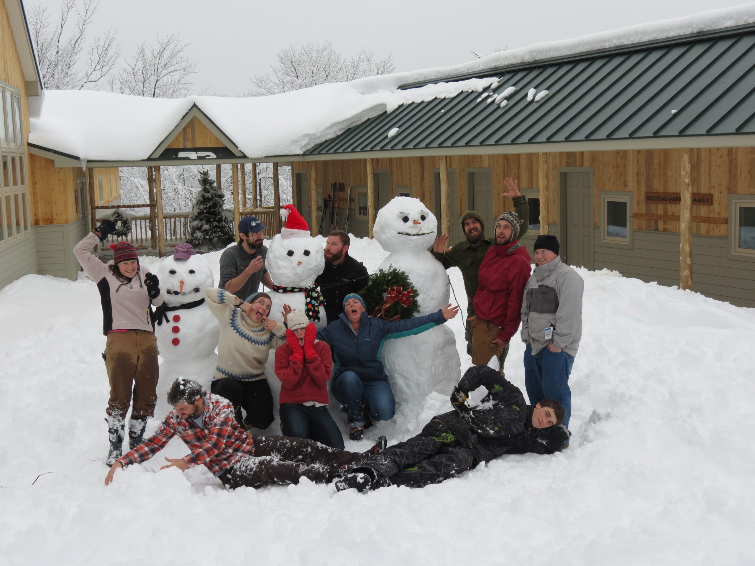 Snowmen at Stratton Brook Hut