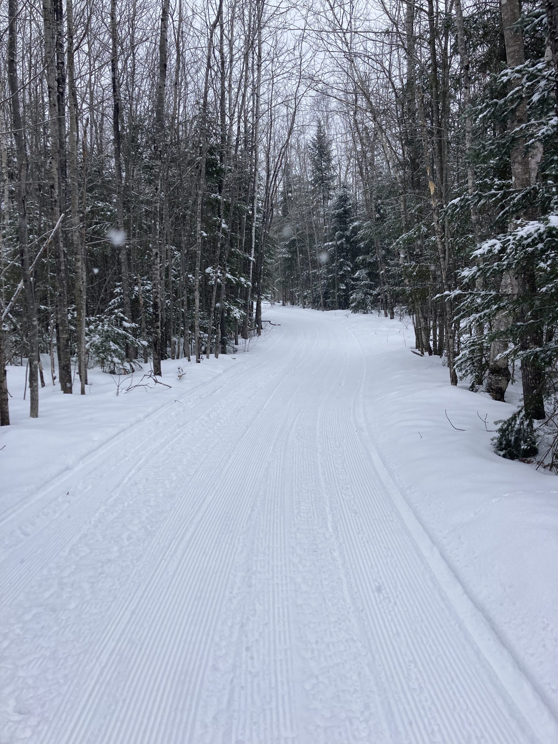 The groomed Maine Hut Trail to Flagstaff after a big snowfall.