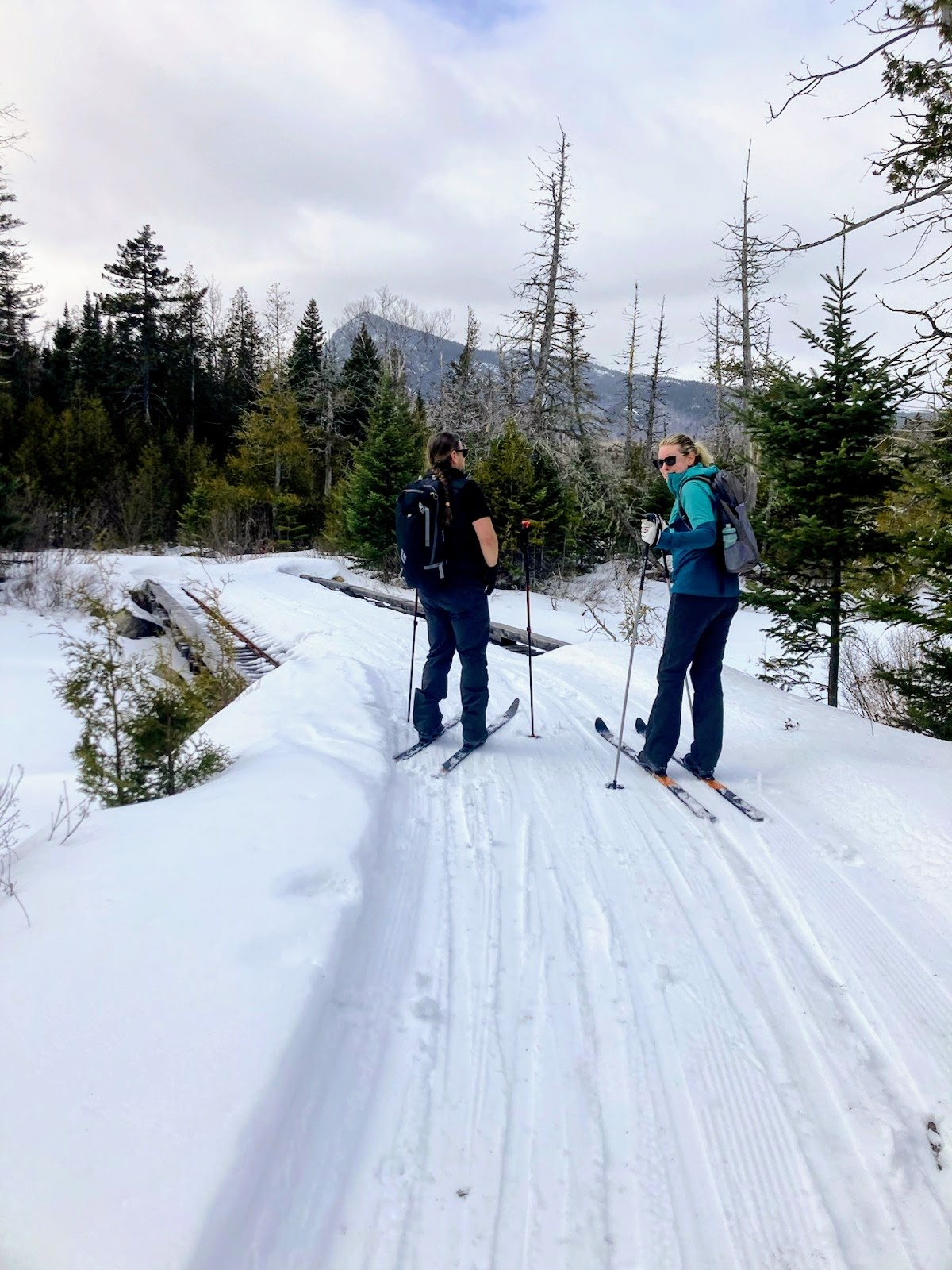 Two skiers on the Sticky Trail overlook.