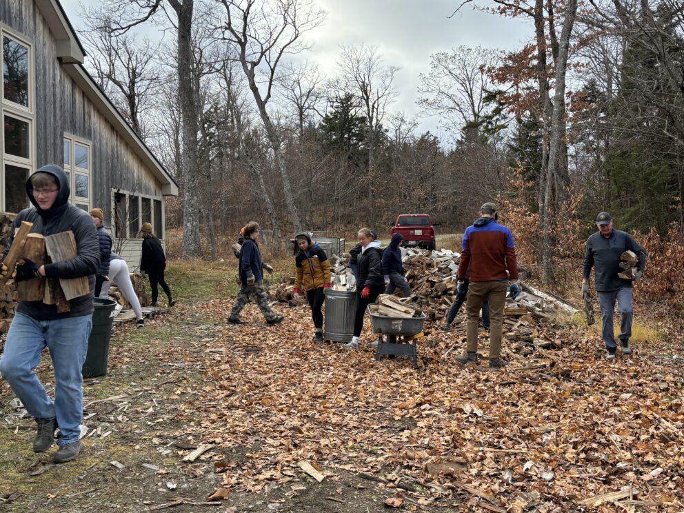 Volunteers stacking firewood