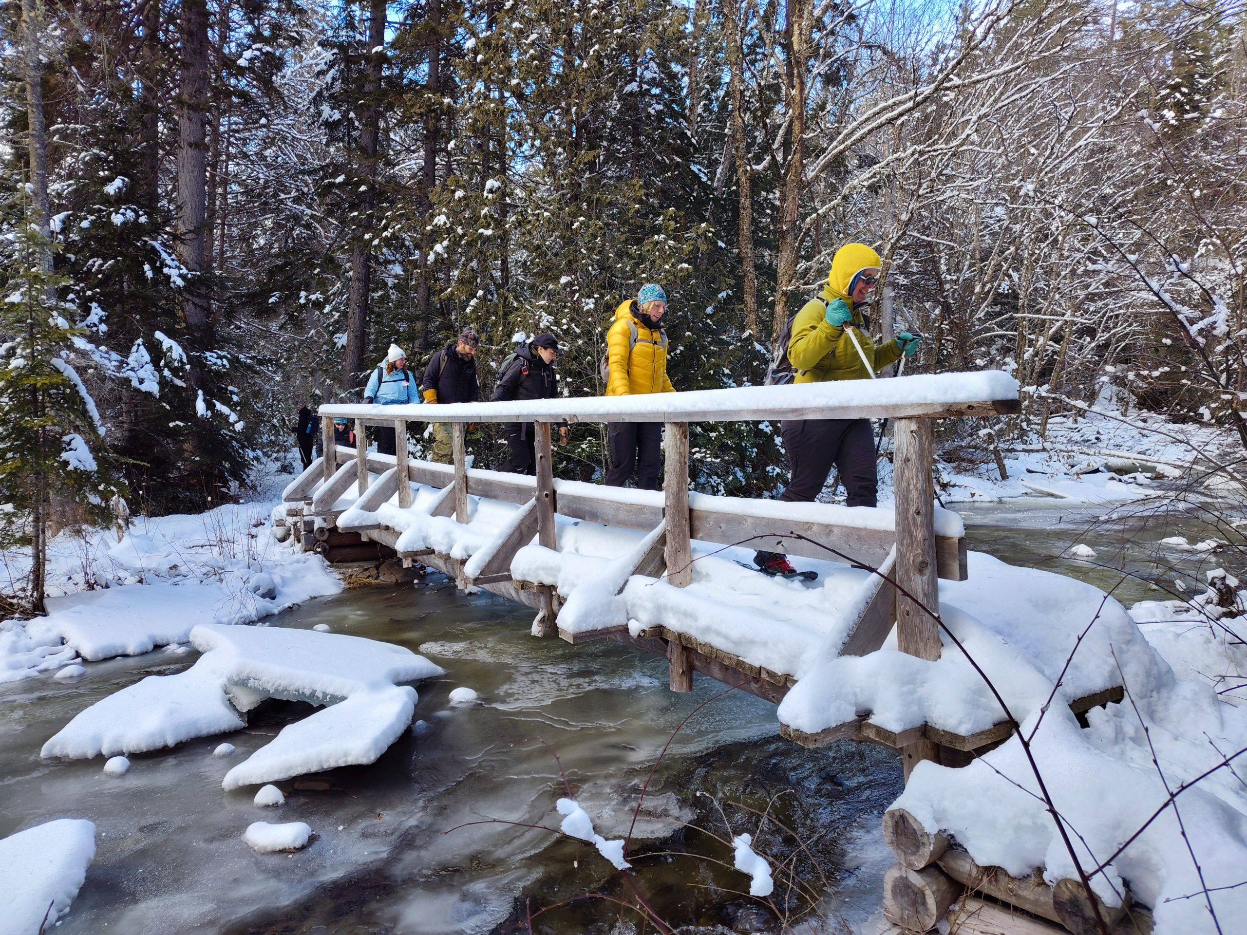 Snowshoers crossing a bridge on Larry's Trail.