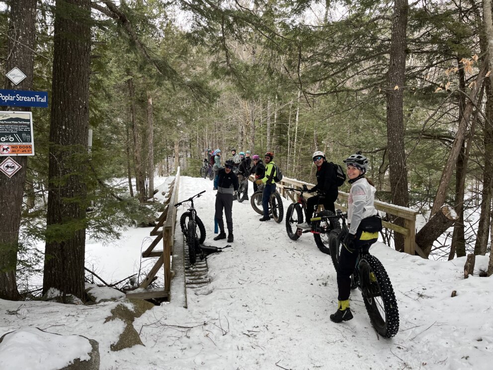 Fat bikers on the Poplar Stream Bridge.