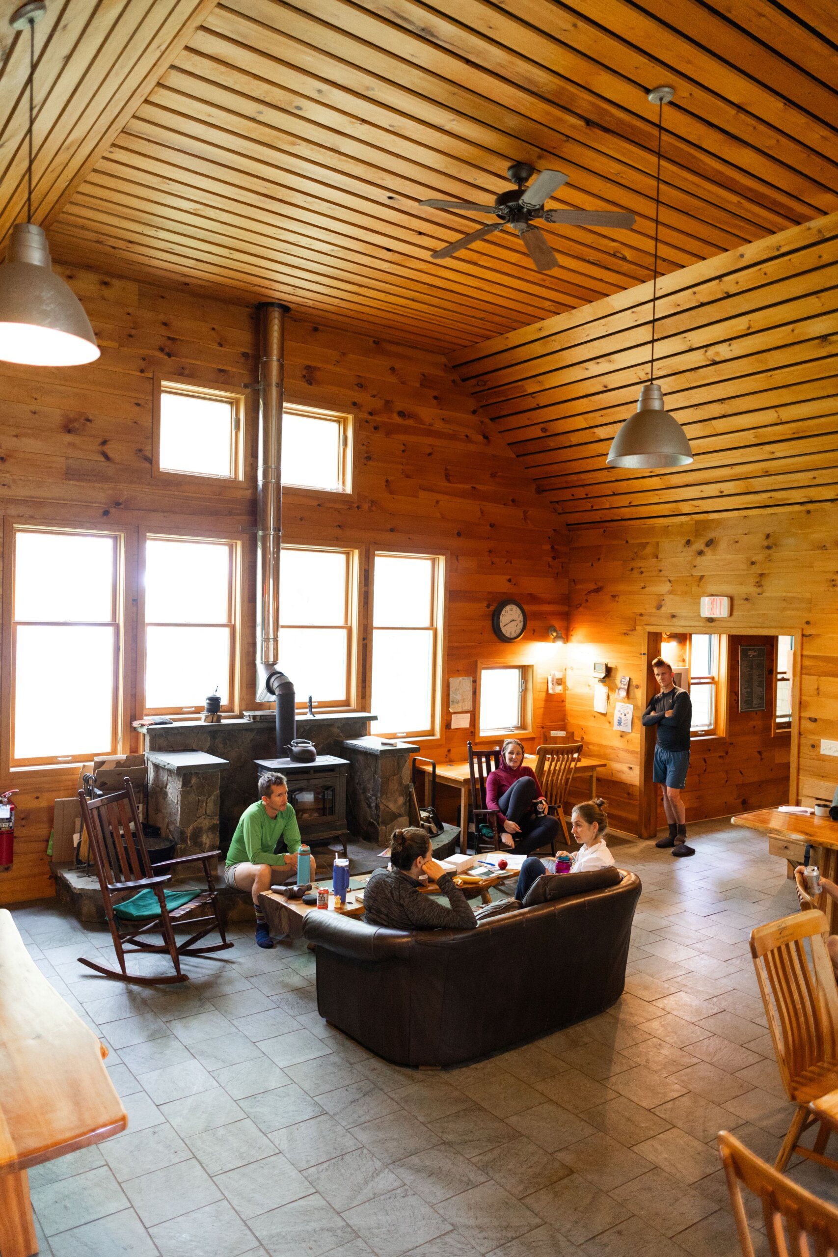 Relaxing in the Great Room at Flagstaff Lake Hut.