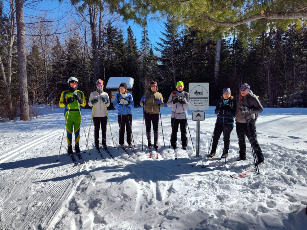 Group of Nordic skiers at Campbell Field Trailhead.