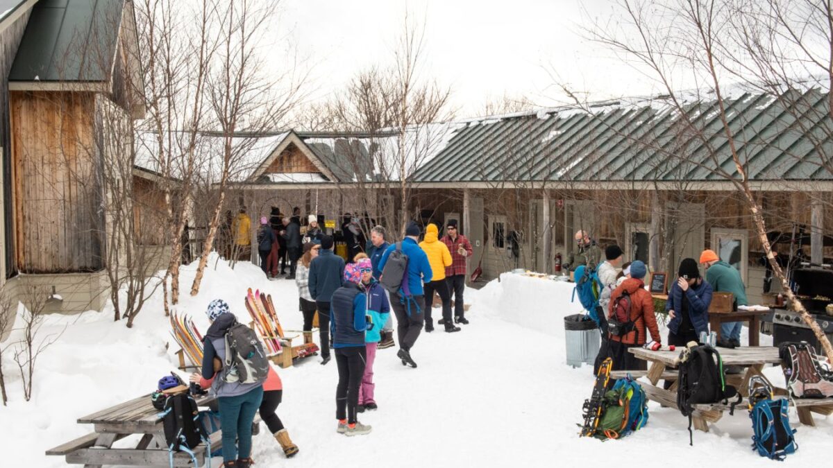 Outside of Stratton Brook Hut during the Alpine Feast event.