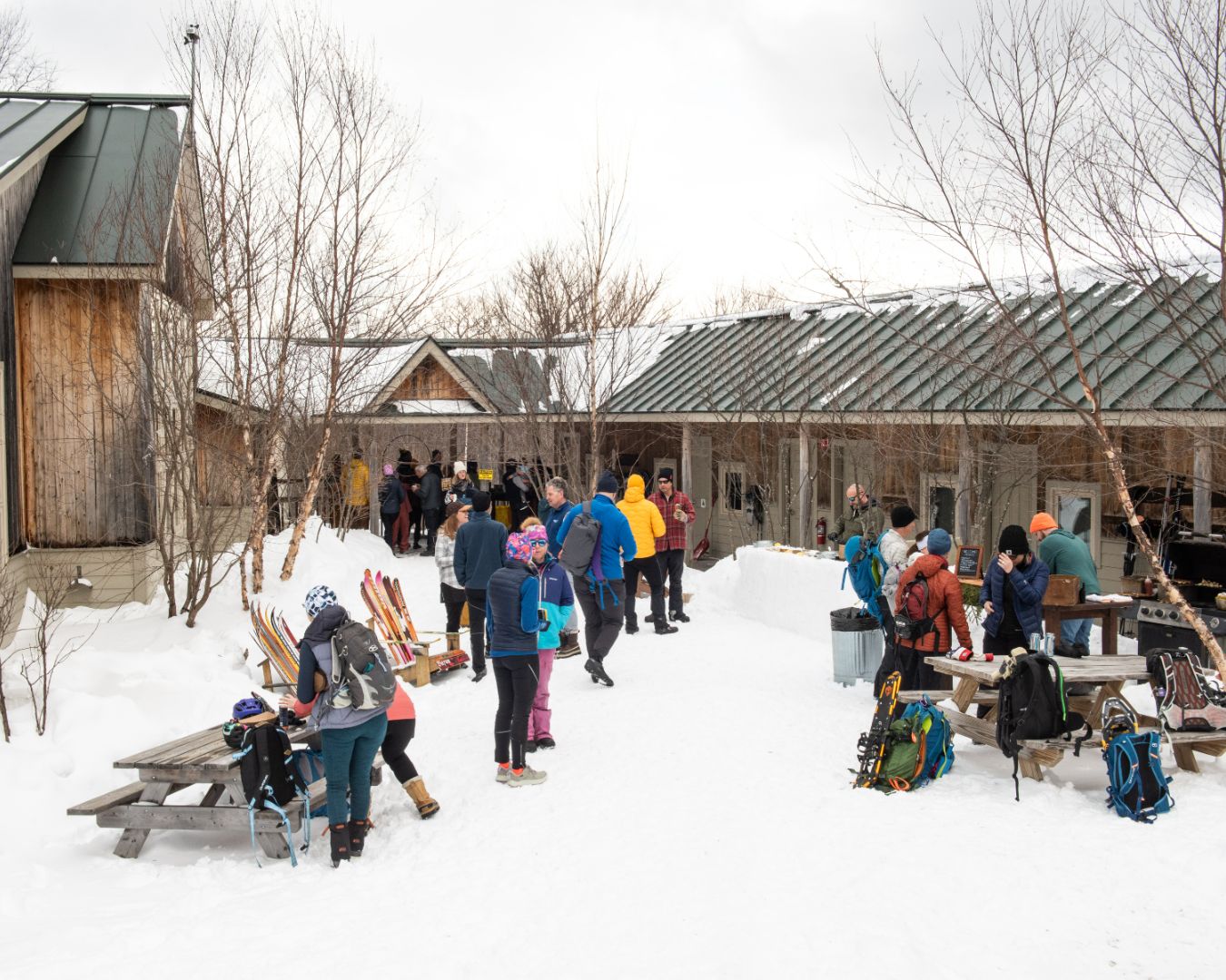 Outside of Stratton Brook Hut during the Alpine Feast event.