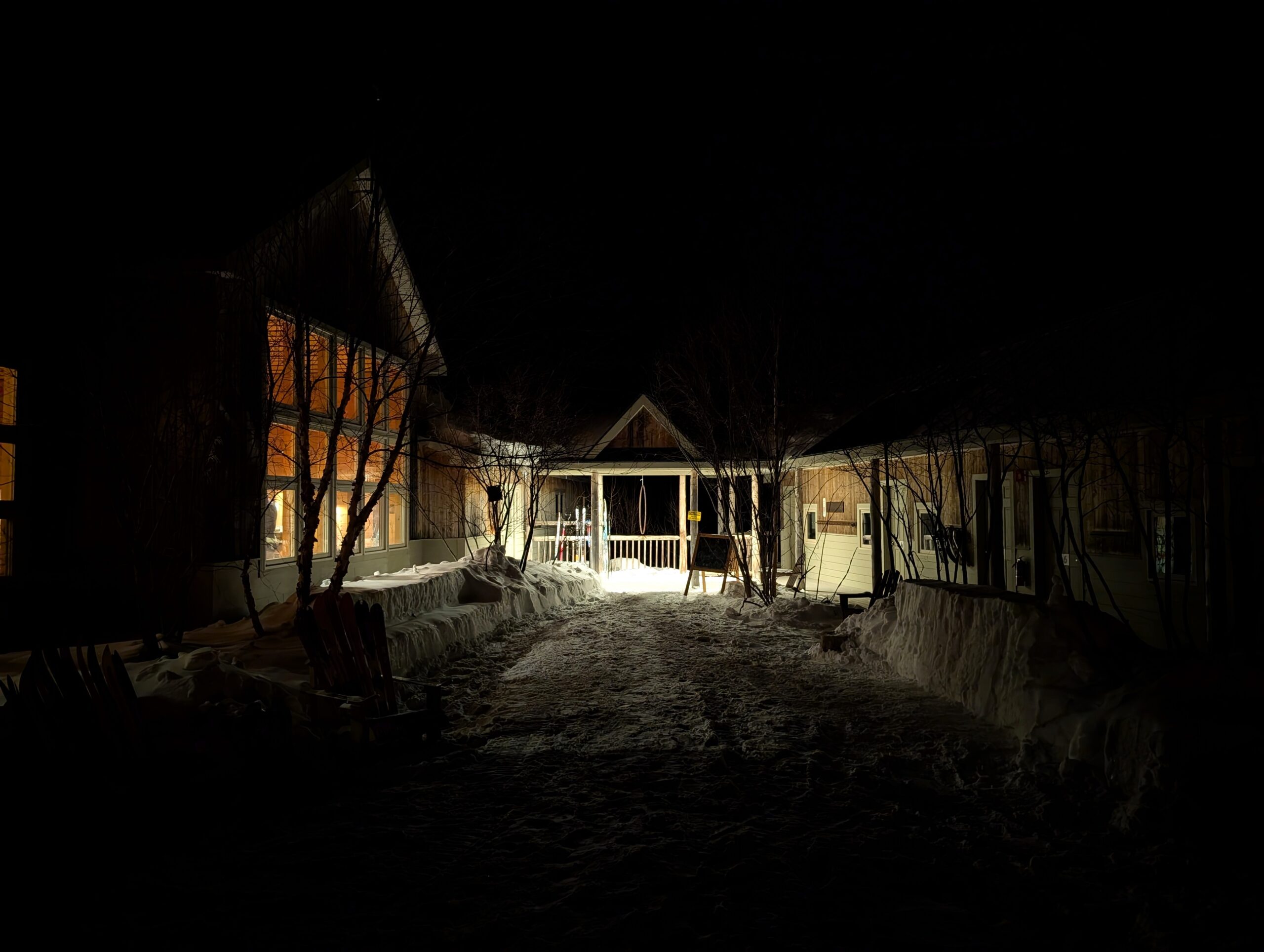 Stratton Brook Hut at night in winter.