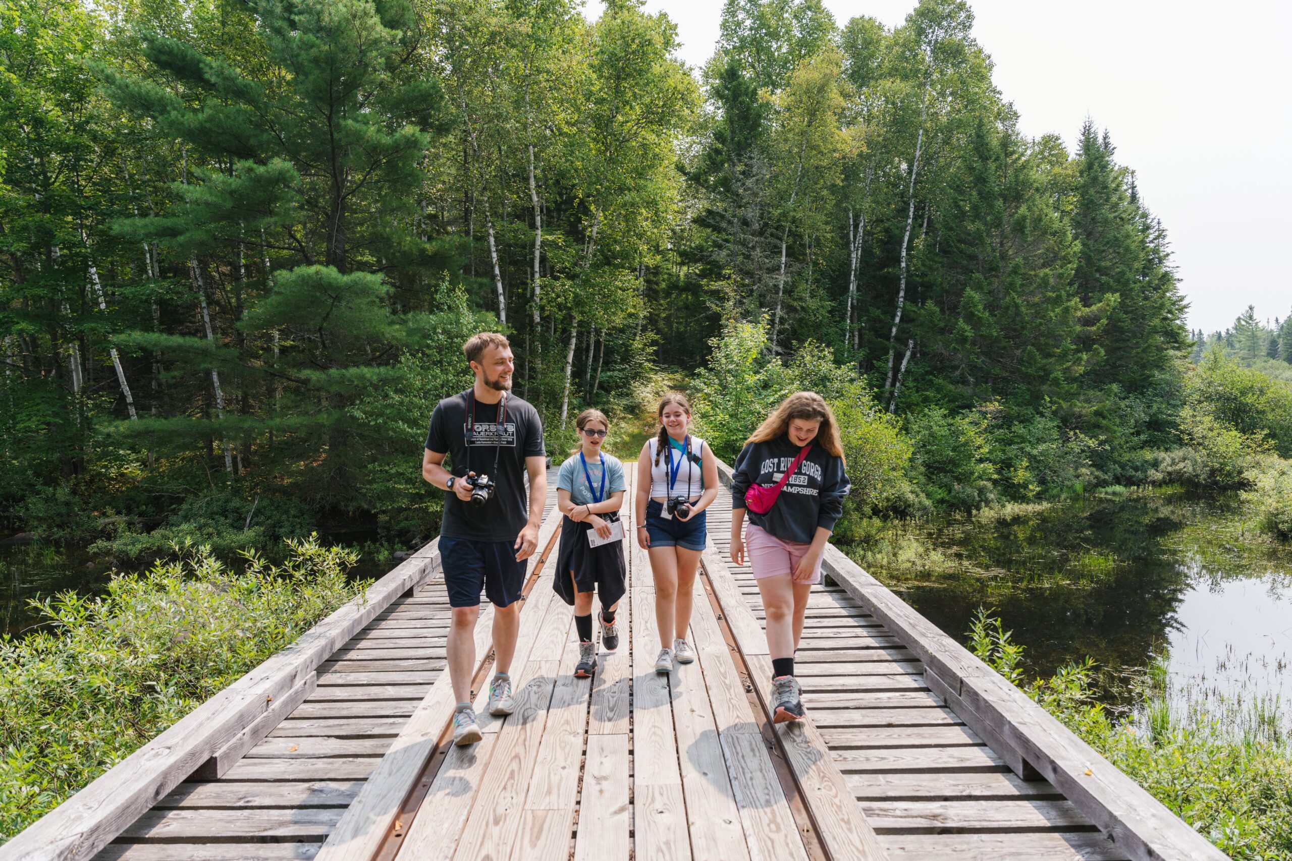 Students walking on a bridge