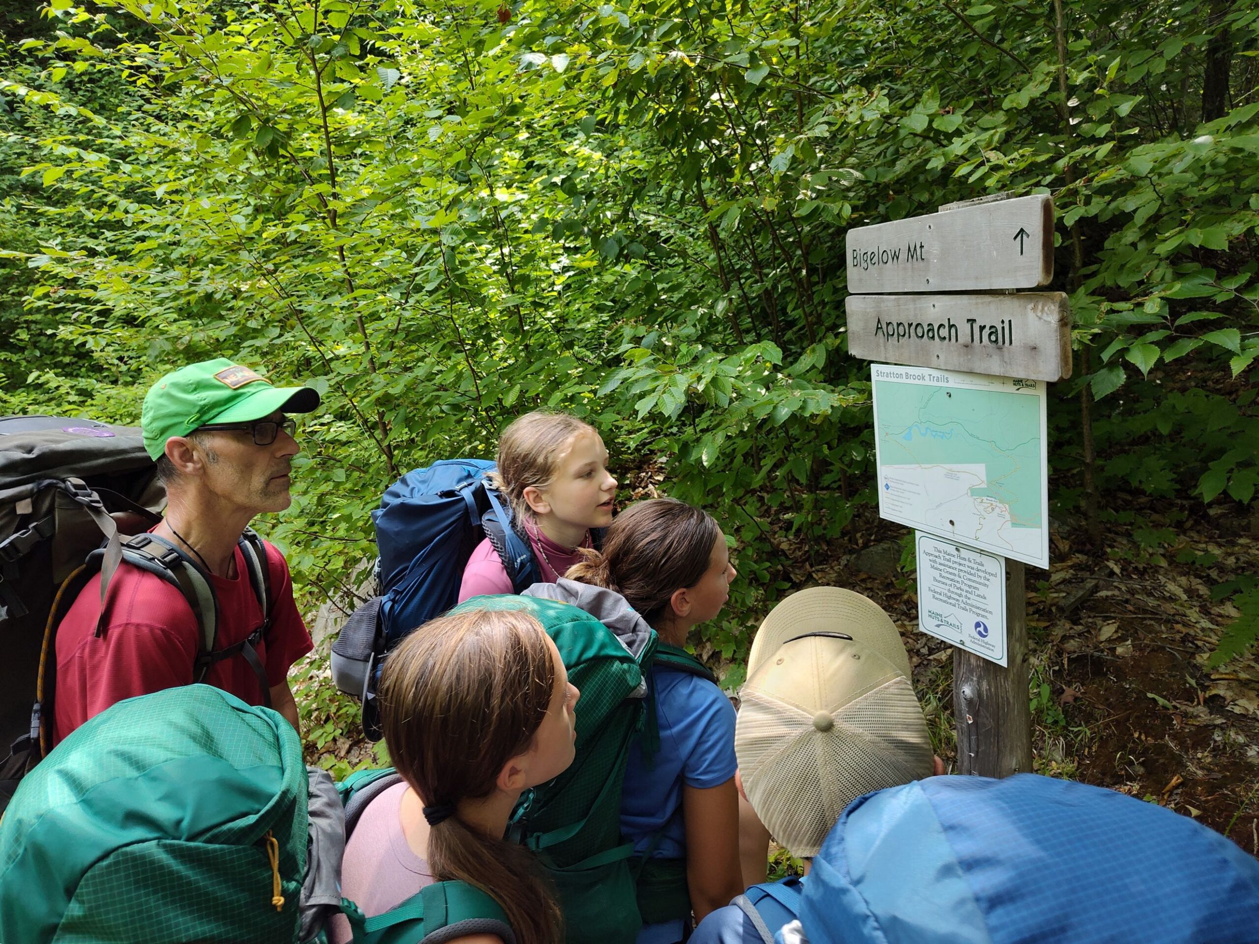 School group hiking near Stratton Brook Hut
