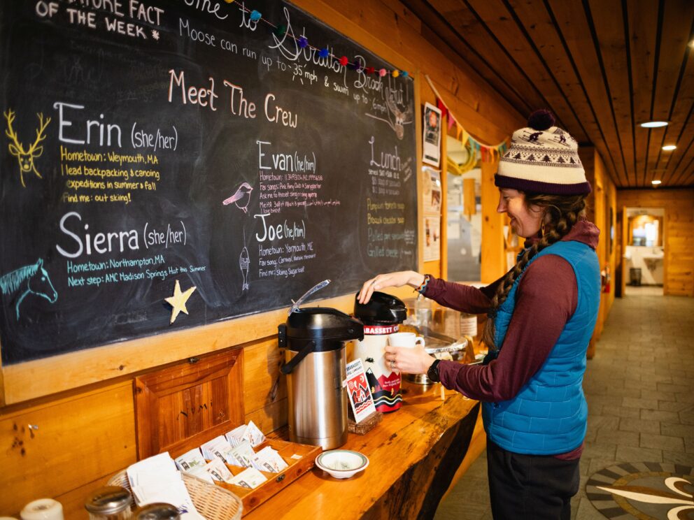 Getting coffee at Stratton Brook Hut