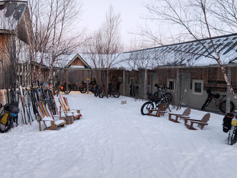 Stratton Brook Hut with skis and fat bikes.