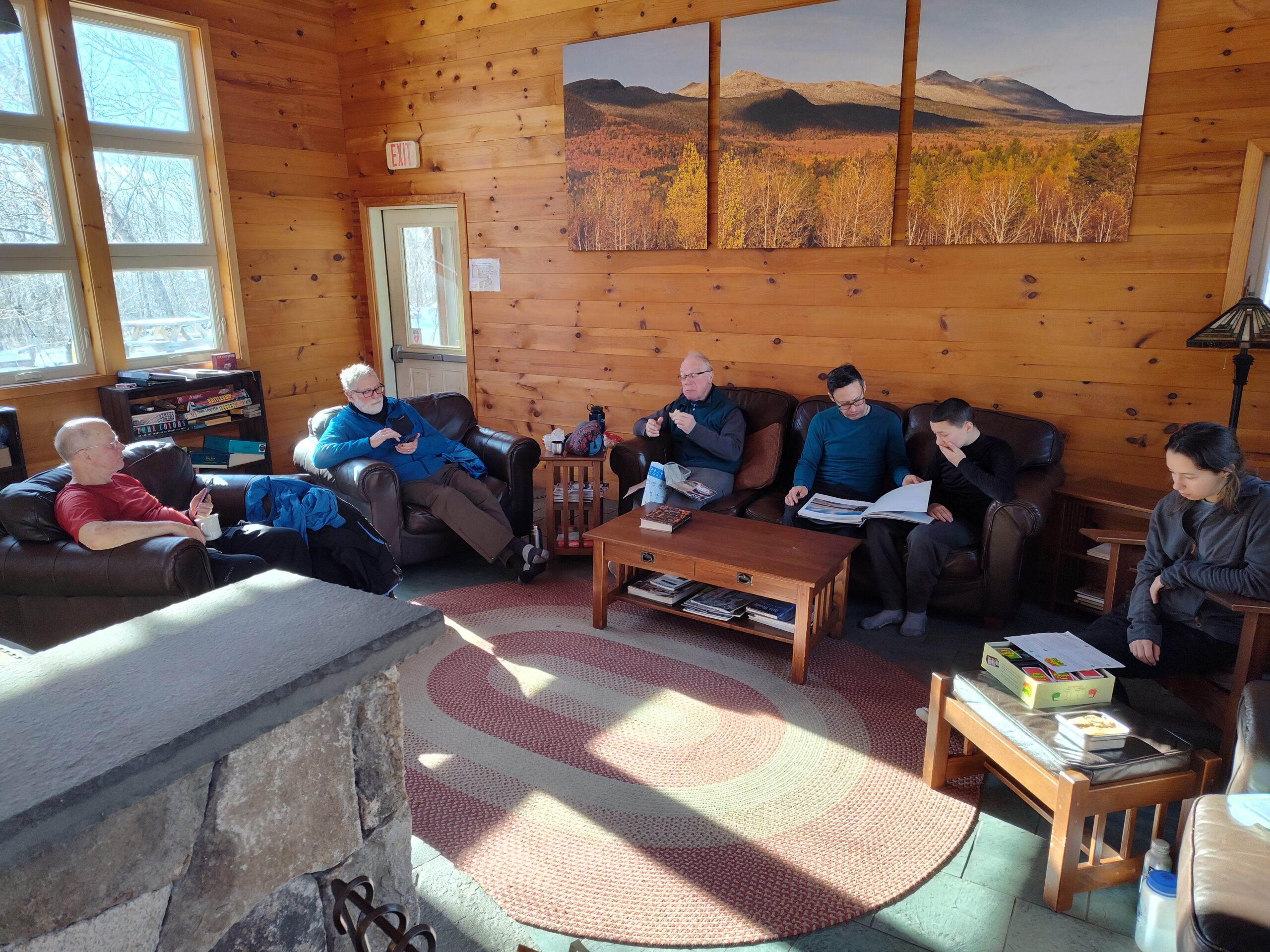 Group relaxing at Stratton Brook Hut