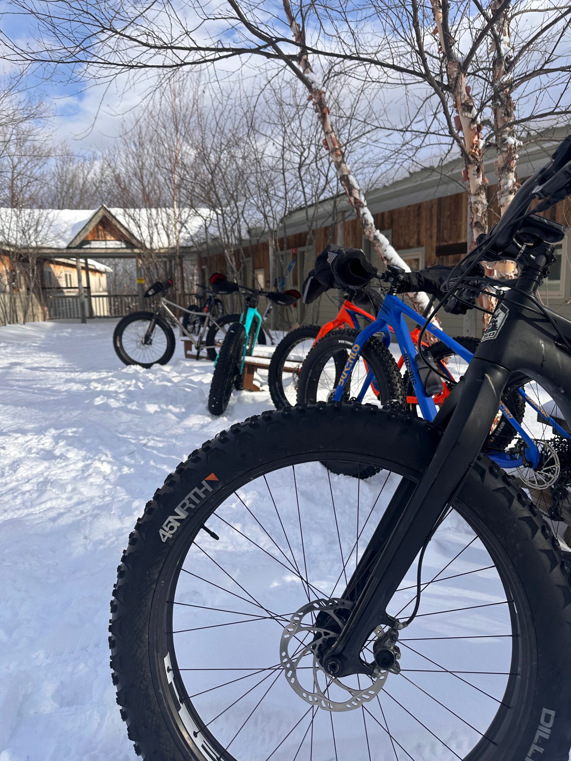 Fat tire bikes outside Stratton Brook Hut.
