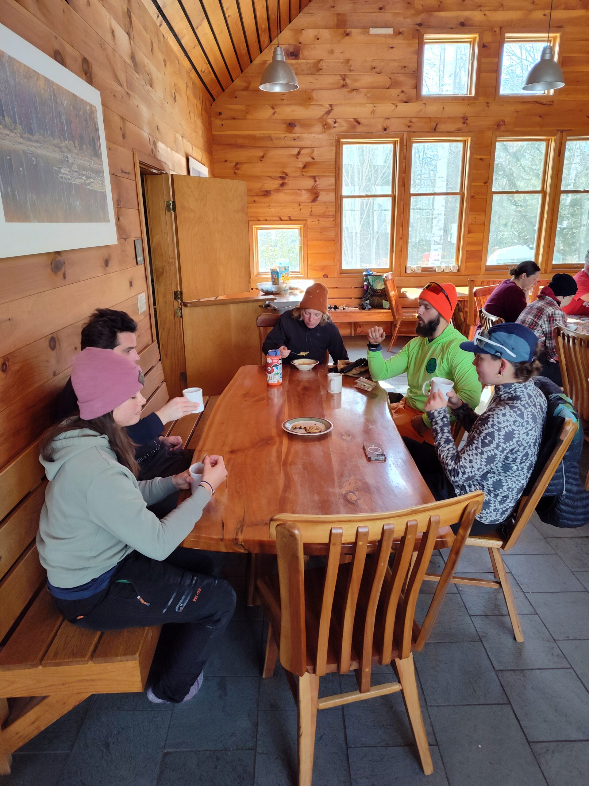 Eating lunch inside Flagstaff Lake Hut