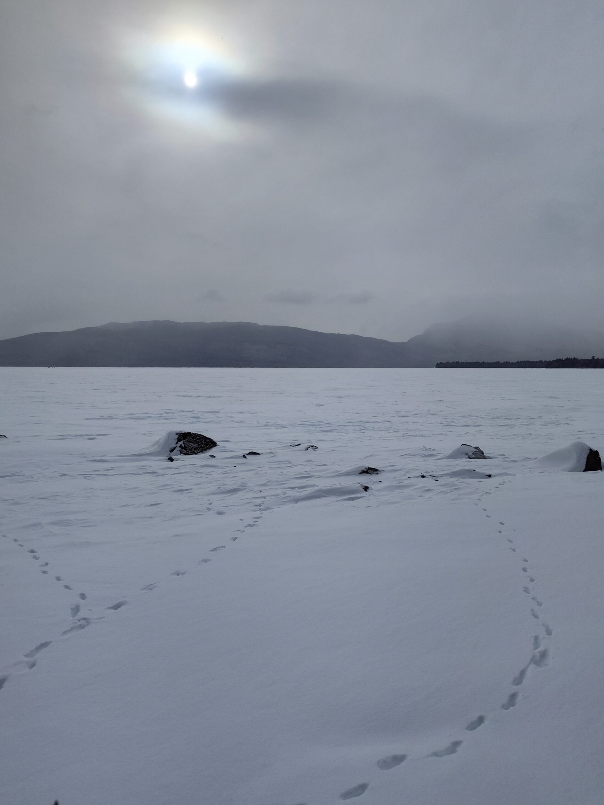 Flagstaff Lake in winter. View from the Shore Trail.