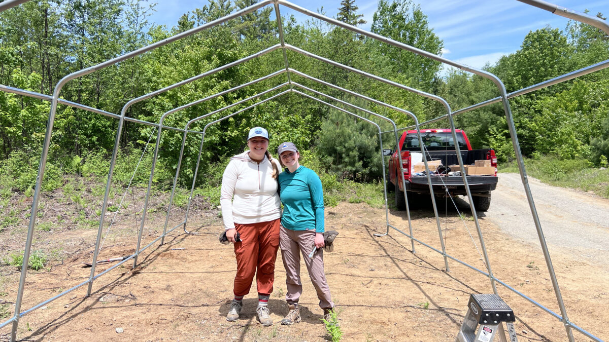 Assembling the snowmobile shelter at the volunteer overnight at Flagstaff Lake Hut