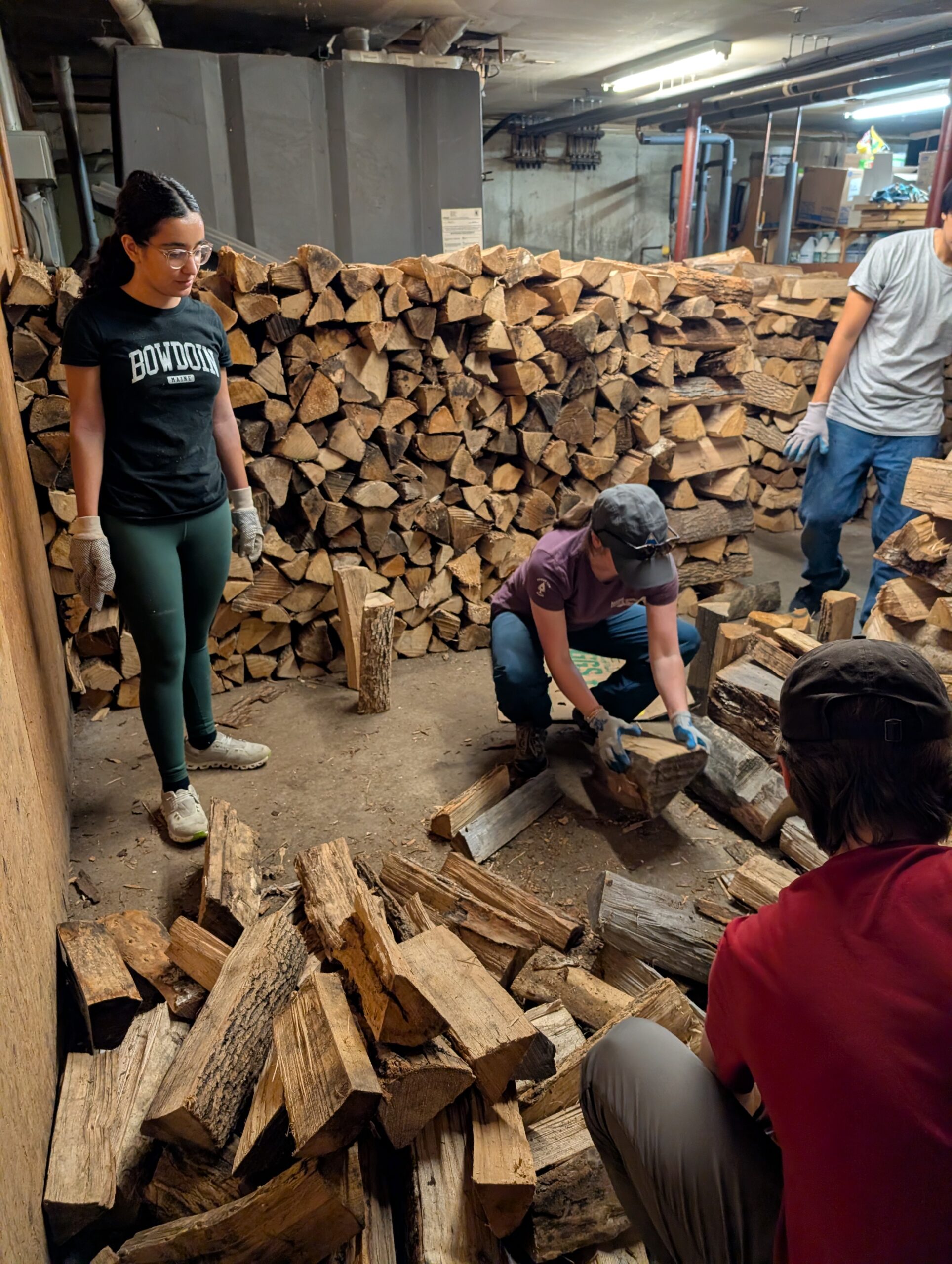 Bowdoin College volunteer wood stacking.