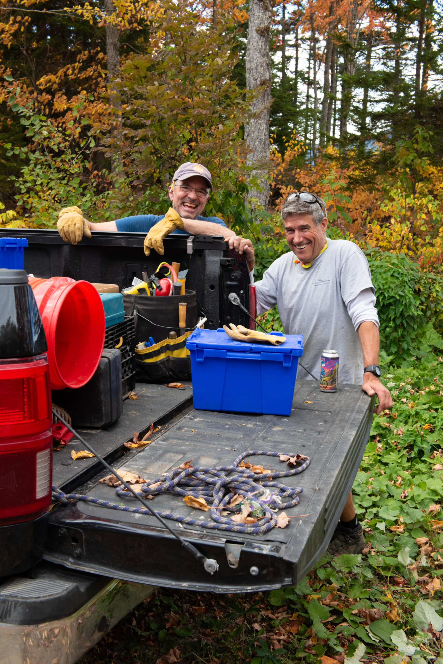 Board members Calen Colby and Fred Prescott working at Stratton Brook Hut.