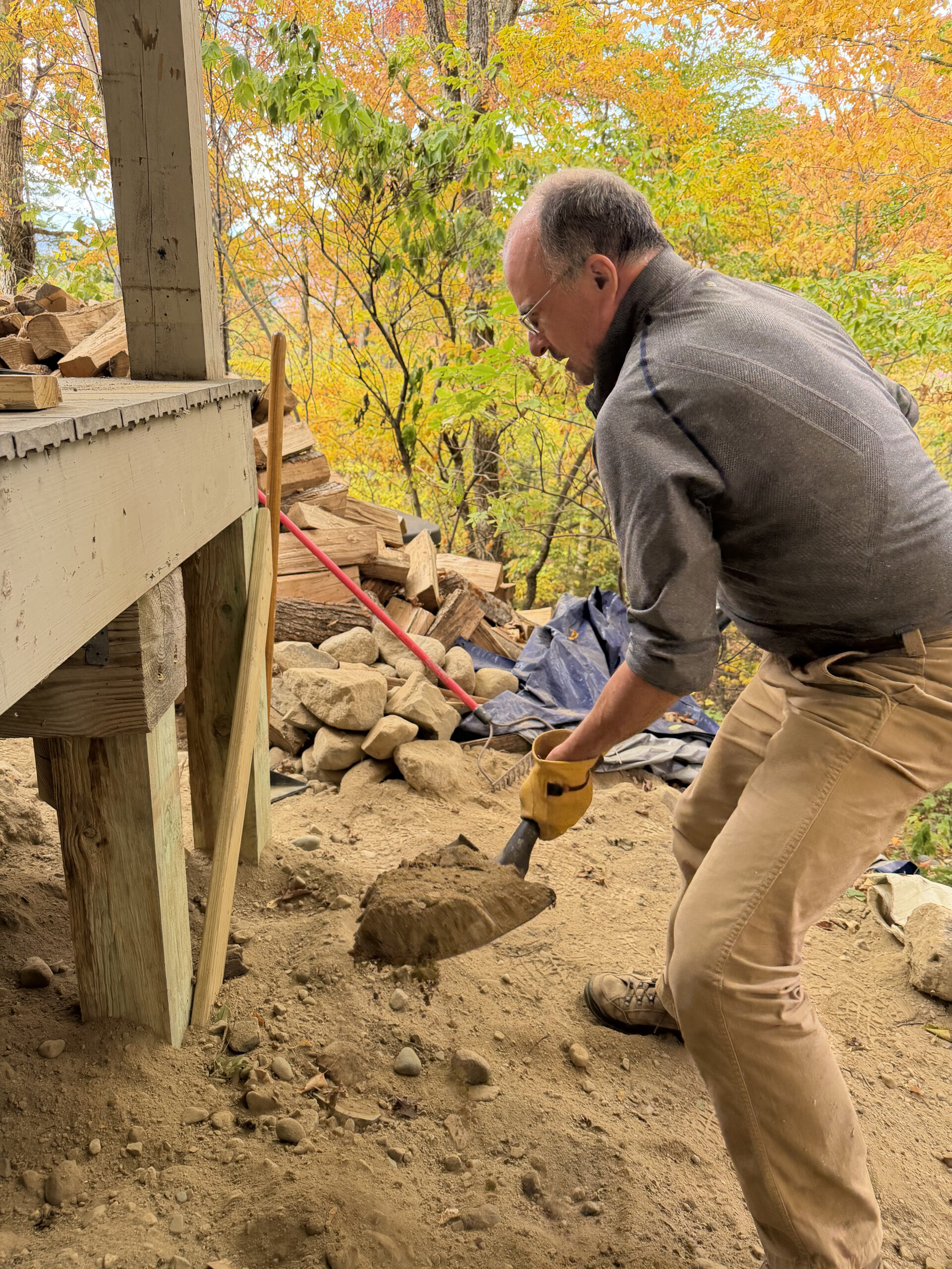 Board member Calen Colby working at Stratton Brook Hut.